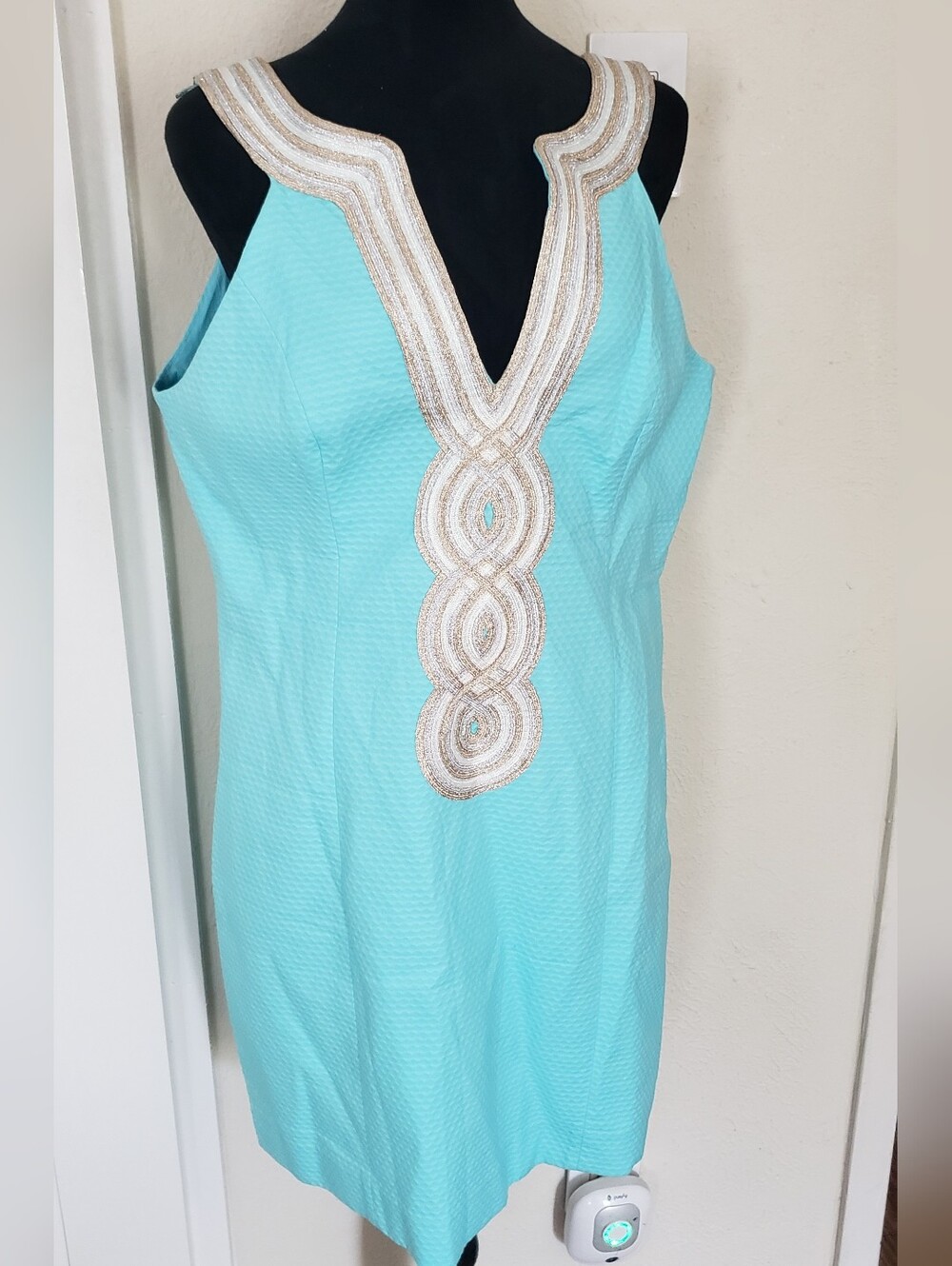Lilly Pulitzer Aqua Sleeveless Shift Dress with Gold/Silver Beaded Trim